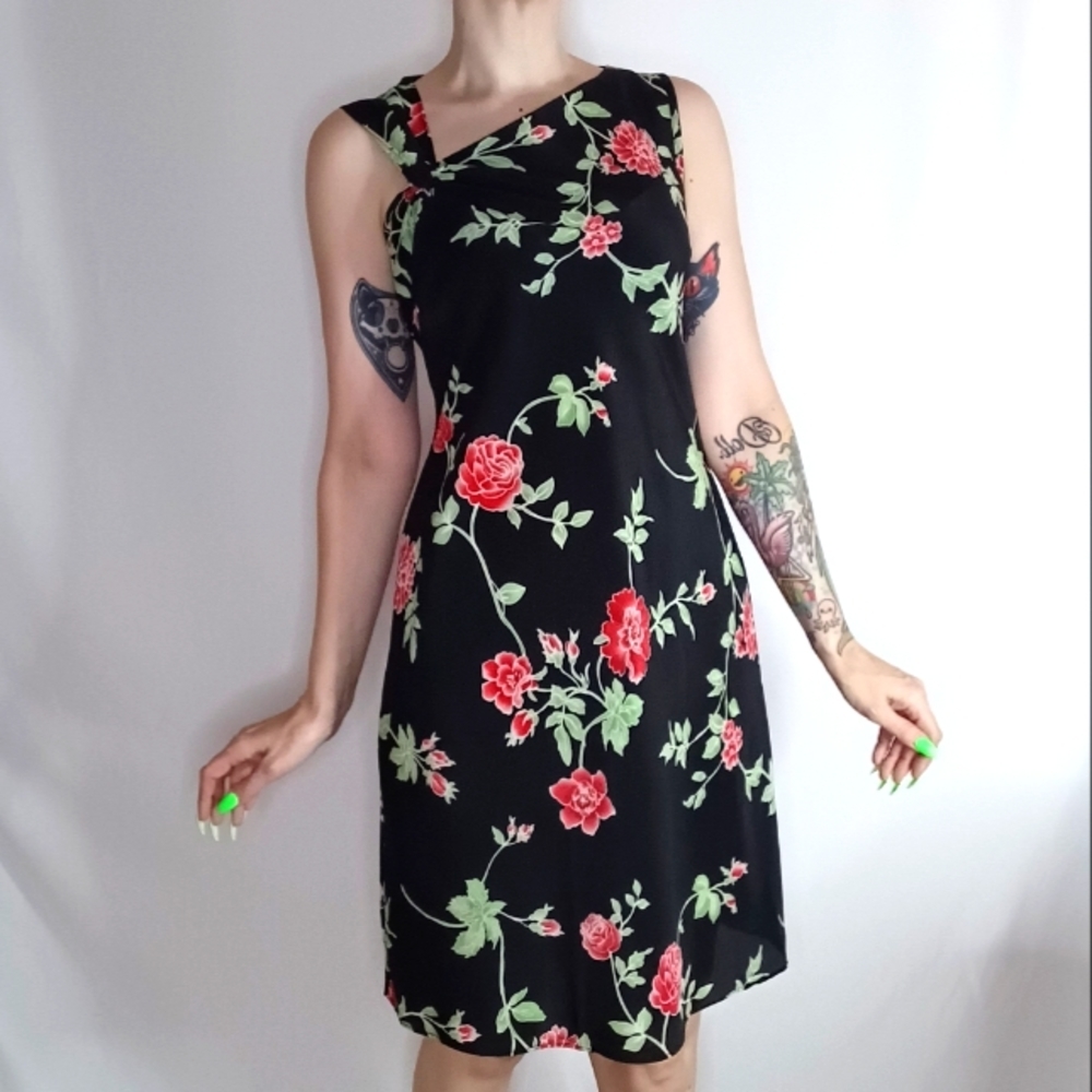 Jessica Black with Red Flowers Sleeveless Slip Dress.